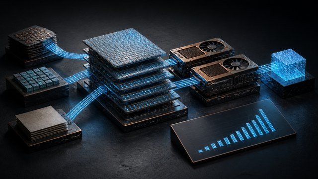 Camadas, dados e módulos de processamento.